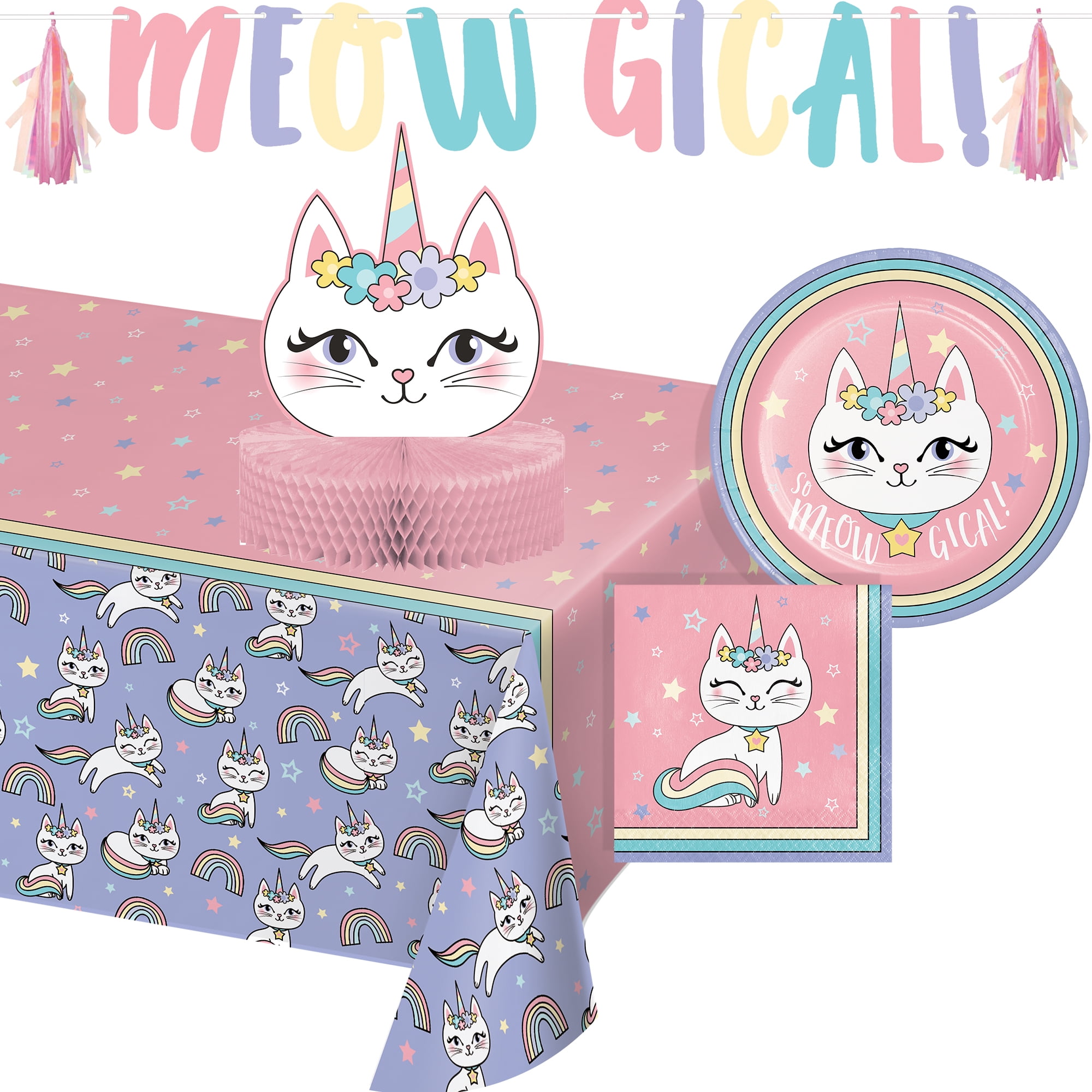 Includes Meowgical Caticorn Birthday Banner Hanging Decorations and Centerpiece Caticorn Party Supplies and Decorations Perfect Caticorn Birthday Party Decorations and Cat Birthday Party Supplies! Caticorn Photo Props and Star Cutouts