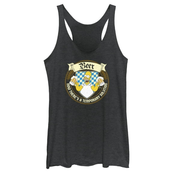 Women's The Simpsons Homer Beer Now There's a Temporary Solution Racerback Tank Top Black Heather Small
