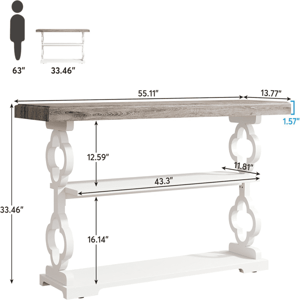 55" Farmhouse Console Table, 3-Tier Rustic Entryway Table with French Country Charm, Grey Wood Grain Top & Floral Moldings for Entryway, Living Room & Sofa Behind