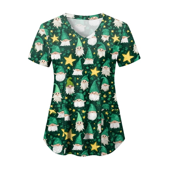 felwors St Patricks Day Scrub Tops for Women Short Sleeve V Neck Scrubs Lucky Shamrock Print Plus Size Medical Uniform Shirts (Mint Green, XXL)