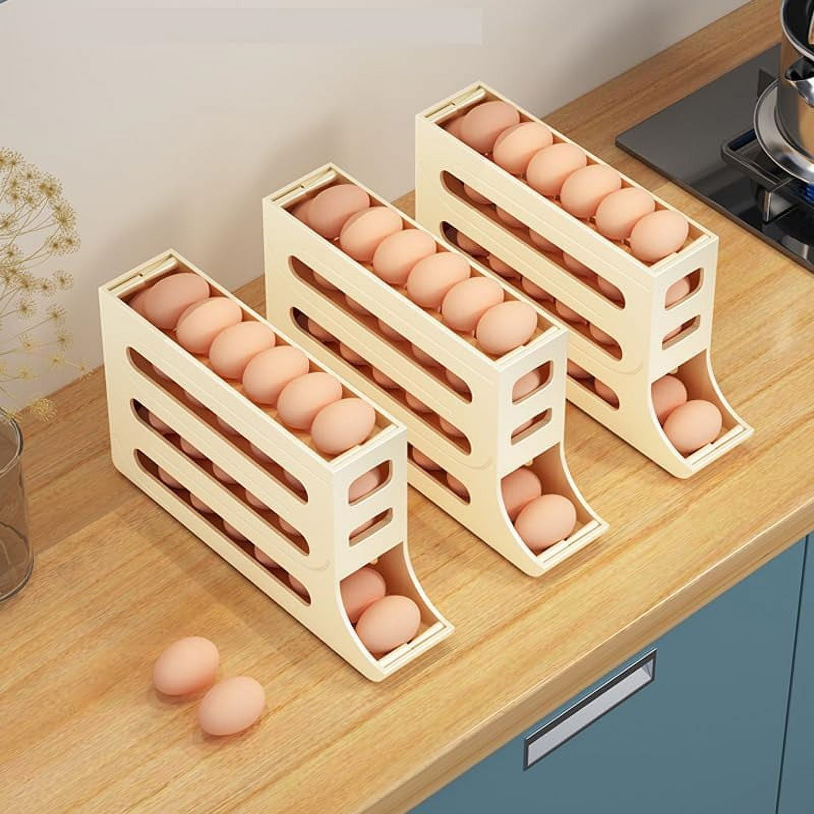 Four-Layer Egg Storage Rack, Auto Rolling Fridge Egg Organizer, Refrigerator Egg Storage Box,4 Tier Rolling Egg Holder Dispenser (1 PCS Beige)