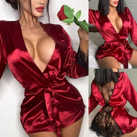 

JDEFEG Nightgown Women Sleepwear Cotton Women Lingerie V Neck Nightwear Satin Sleepwear Lace Patchwork Lace Backless See Through Nightdress Lace Pajamas Sleep Lady Polyester Red S