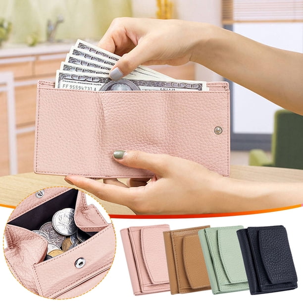Cartera de cuero para bloqueo RFID para mujer - Mini cartera fina con ranuras para tarjetas y bolsillo para monedas con cremallera - Pequeña gran capacidad - Piel de vaca de grano completo