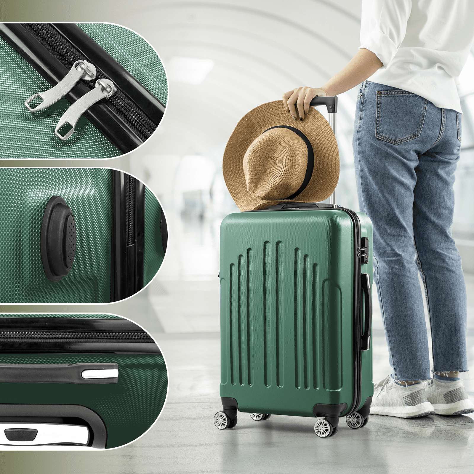 FCH Retro Green Striped 4-Piece Luggage Set (16"+20"+24"+28") | Expandable ABS Hardshell Suitcases with Aluminum Handle & 360° Wheels | Vintage Airline Approved Luggage
