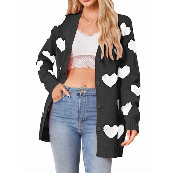 Women'S Casual Cute Heart Embroidered Open Front Aesthetic Artistic V Neck Button Down Slouchy Sweater Coat Black XL