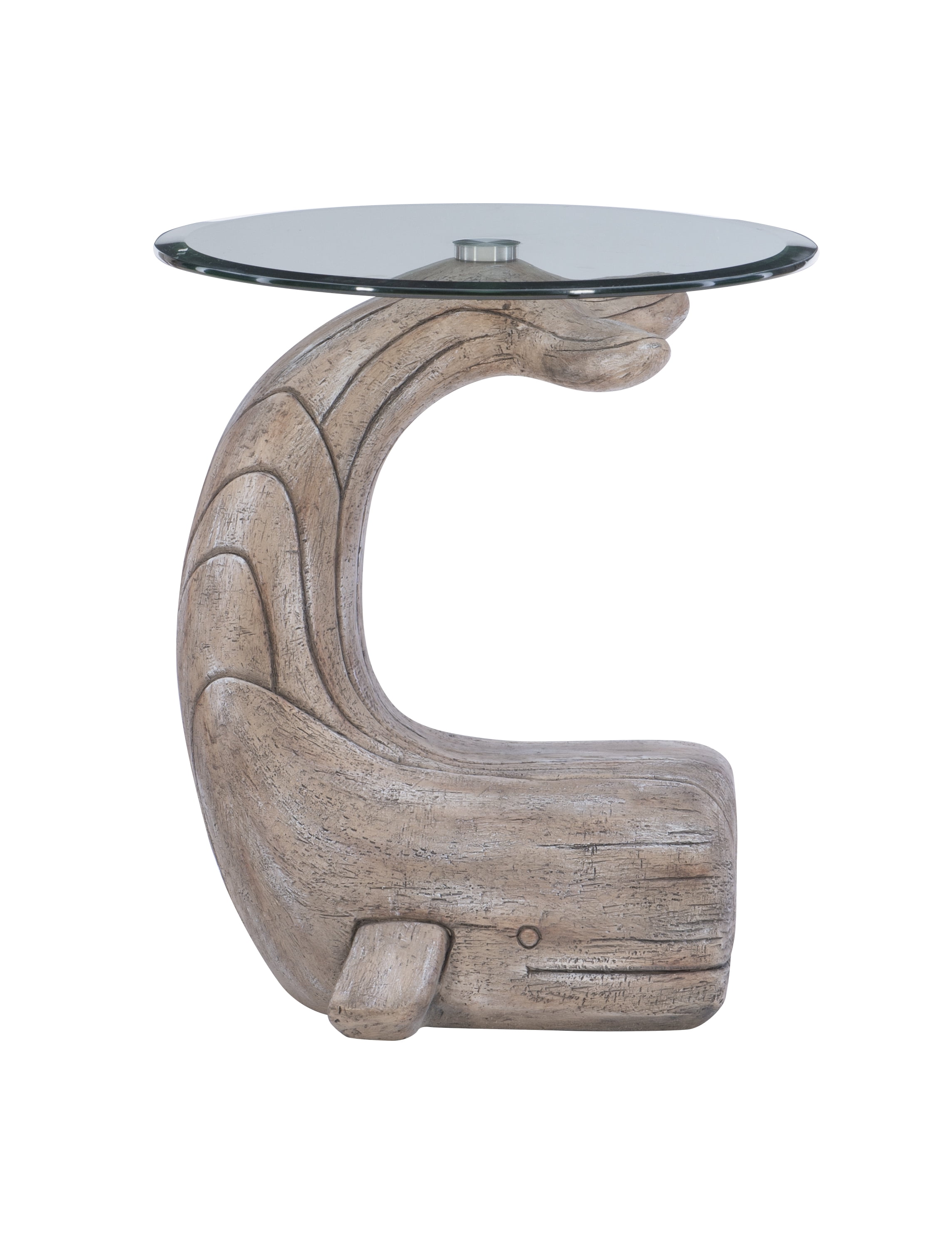 Powell Wendy Whale Indoor Accent Side Table with Glass Top, 23" Tall, Distressed Natural Driftwood