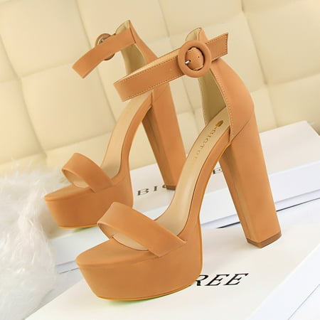 

Women‘s Chunky Platform High Heels Strap Solid Color Open Toe Non-slip Pumps Model Show & Party Shoes