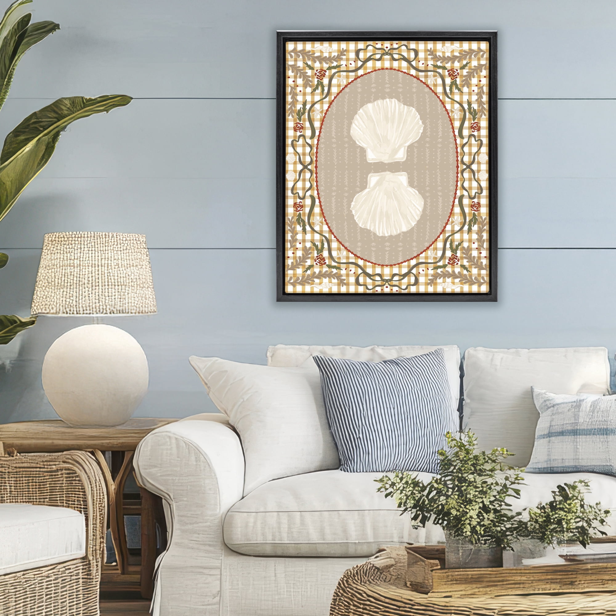 Stupell Industries Vintage Shells on Gingham Black Framed Floater Canvas Wall Art, design by Vero Illustrates