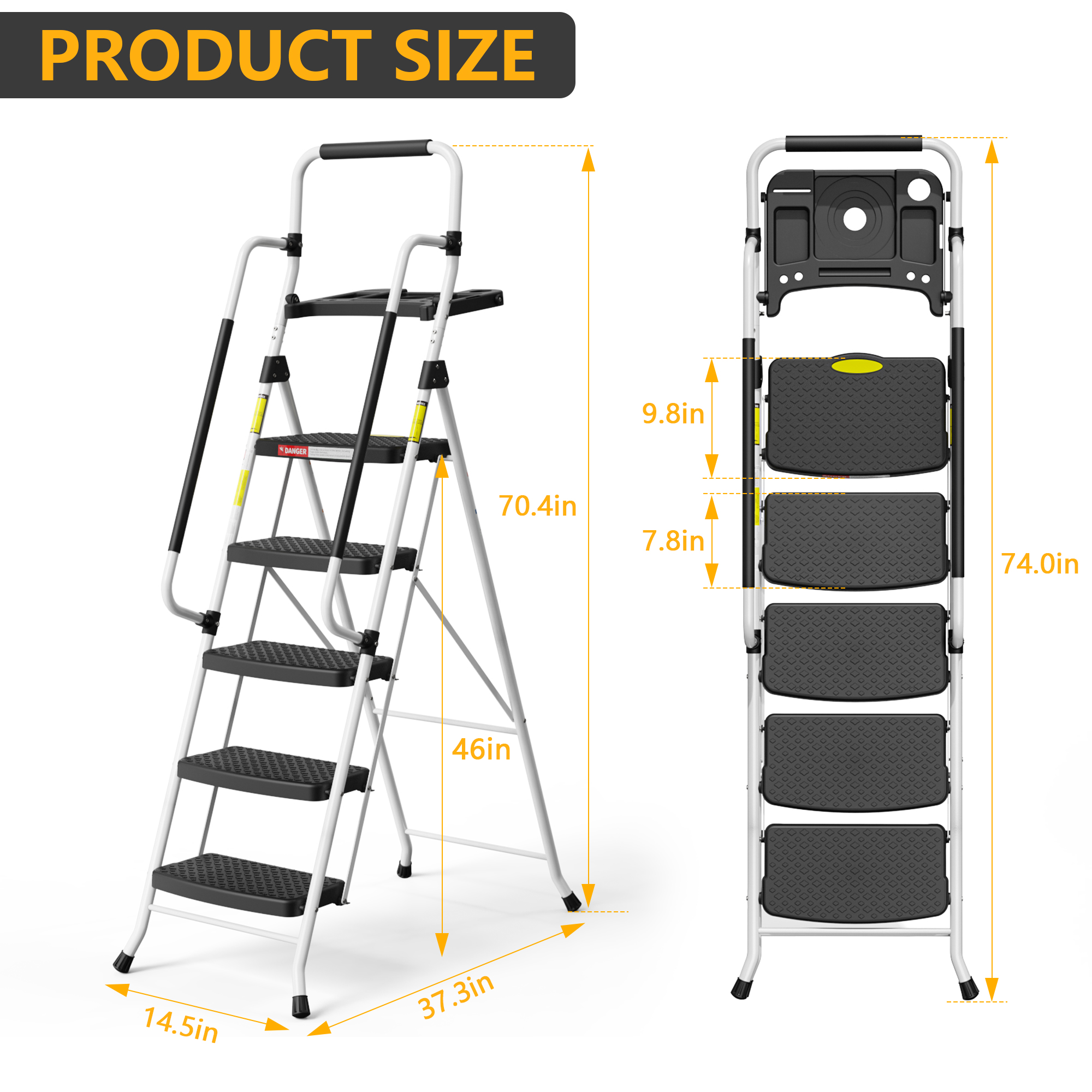 HBTower Folding 5-Step Ladder with Handrails and Tool Tray photo 2
