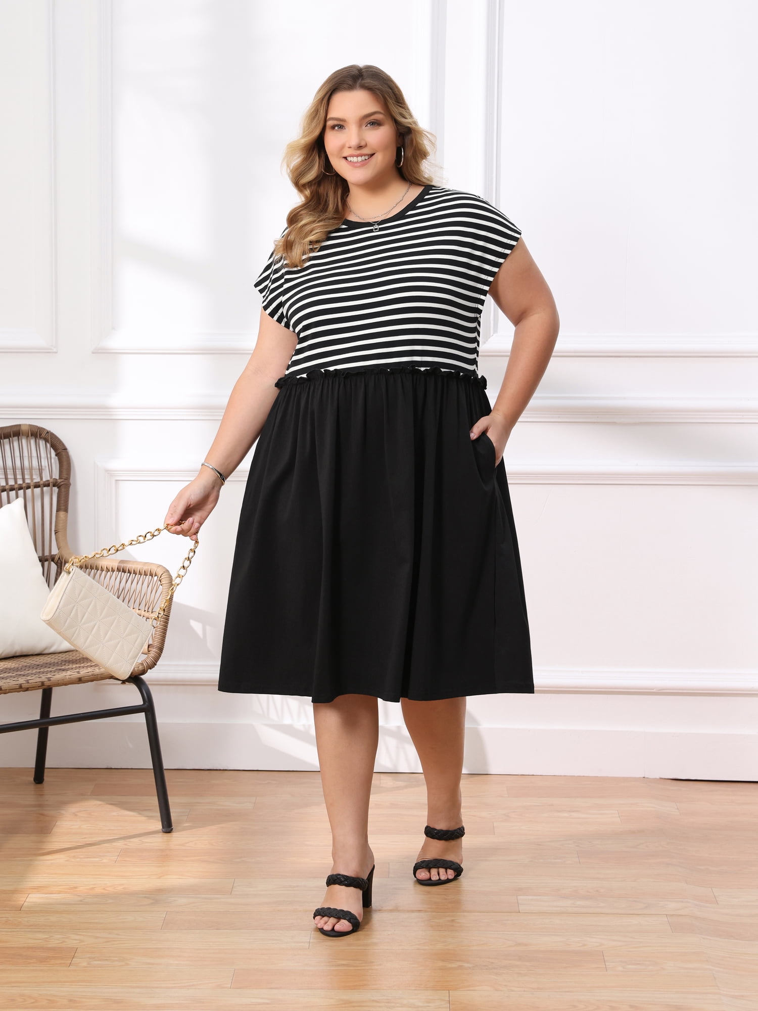 DARING DIVA Women's Plus Casual Midi A-Line and Striped Dress 2X Black