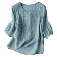 thumbnail image 6 of XPMWRP Women's 3/4 Length Sleeve Top Dressy Casual Crew Neck Embroidered Summer Top Pleated T-Shirts Loose Fit Work Blouses Blue XXXL, 6 of 6
