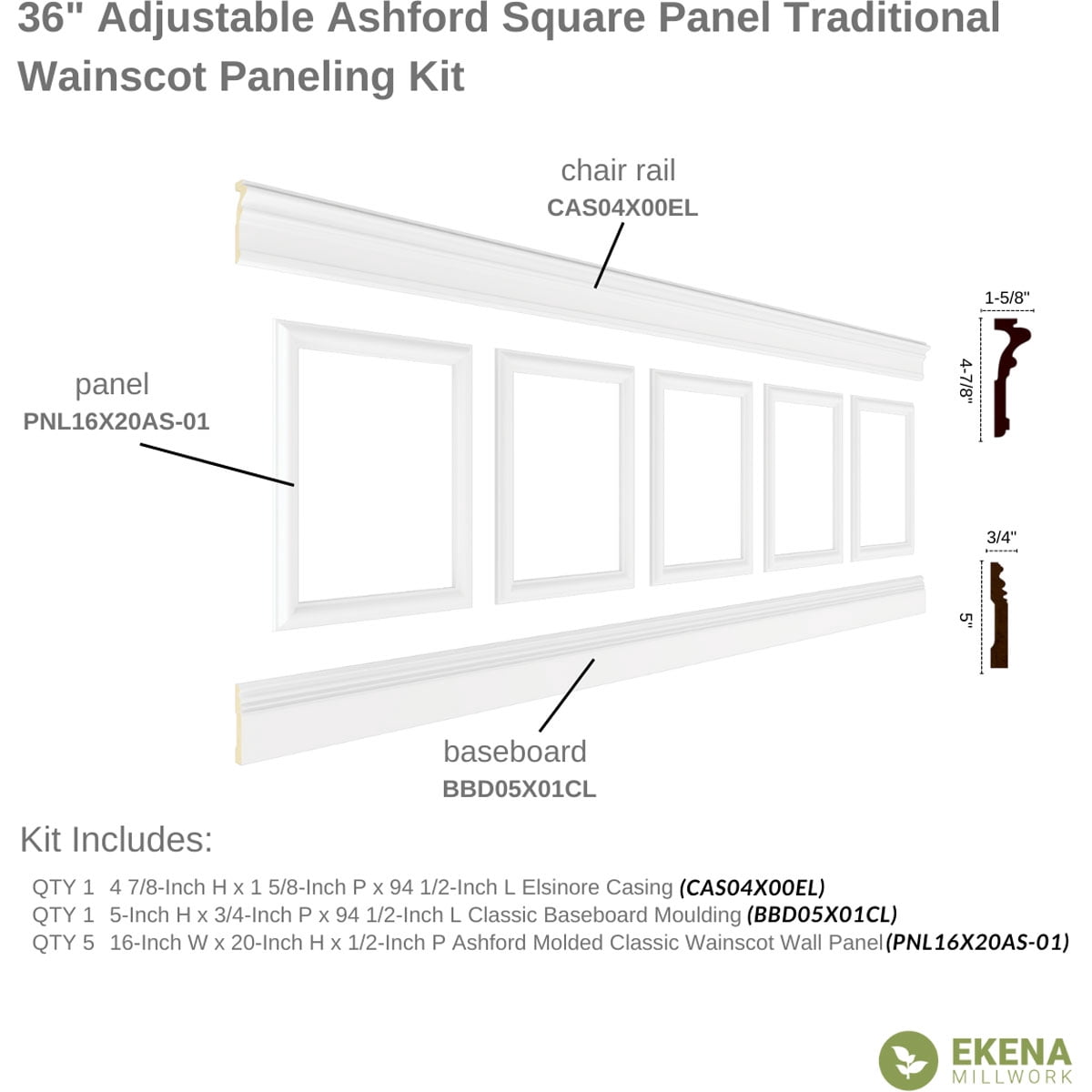 Ekena millwork 94 1/2"L (Adjustable 36"H to 40"H) Ashford Square Panel Traditional Wainscot Paneling Kit