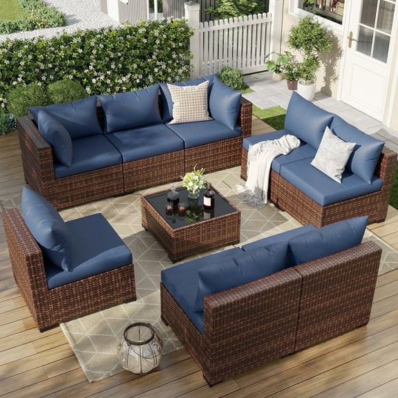 ELPOSUN 9 Pieces Patio Furniture Set All Weather Outdoor Sectional Sofa, Outdoor Modern Sectional Furniture Wicker Couch with Glass Coffee Table, Thicken Navy Blue Cushions, Water Resistant