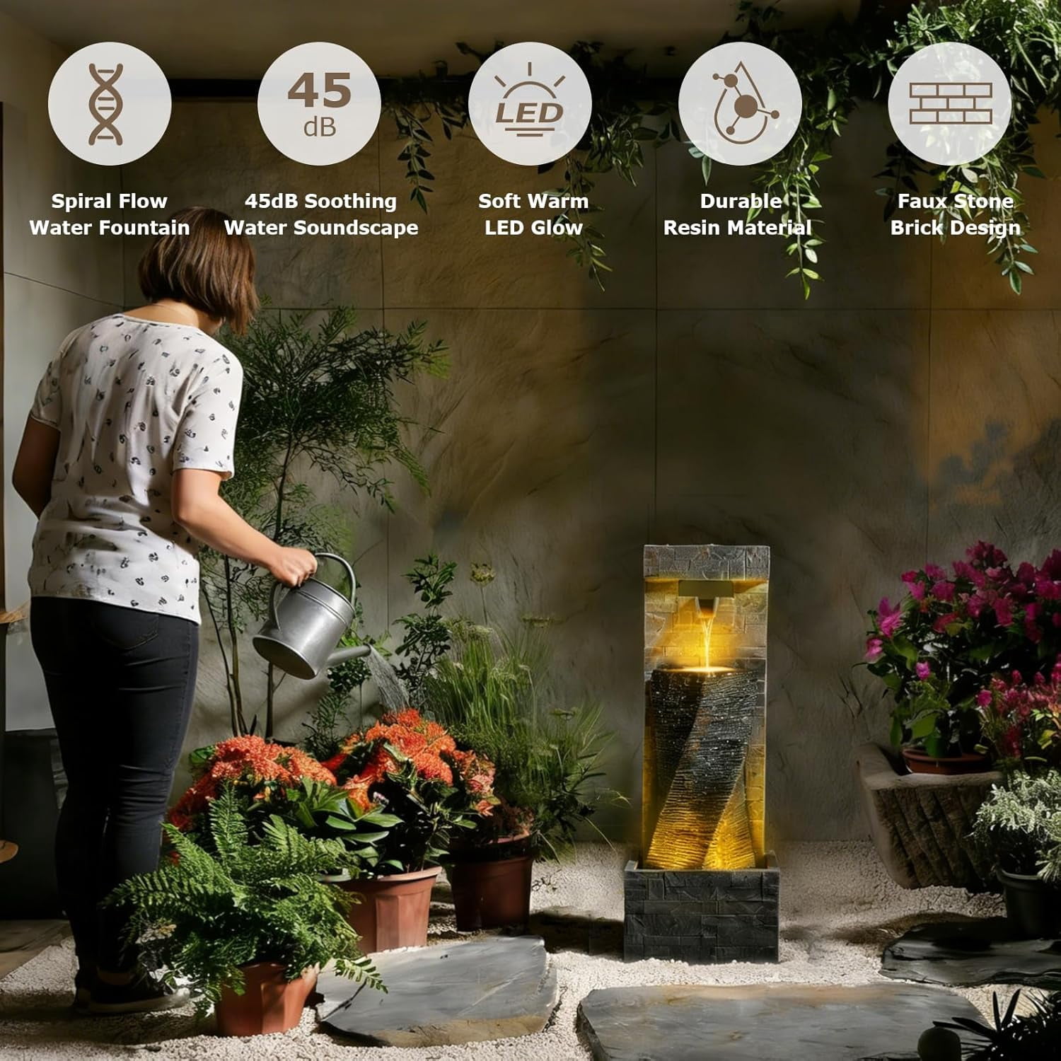 39.8’’ Tall Modern Spiral Waterfall Fountain Outdoor/Indoor Water Fountain Resin Stone-Like Water Feature with LED Lights for Outside, Garden, Patio, Porch, Deck, Backyard, Home Decor