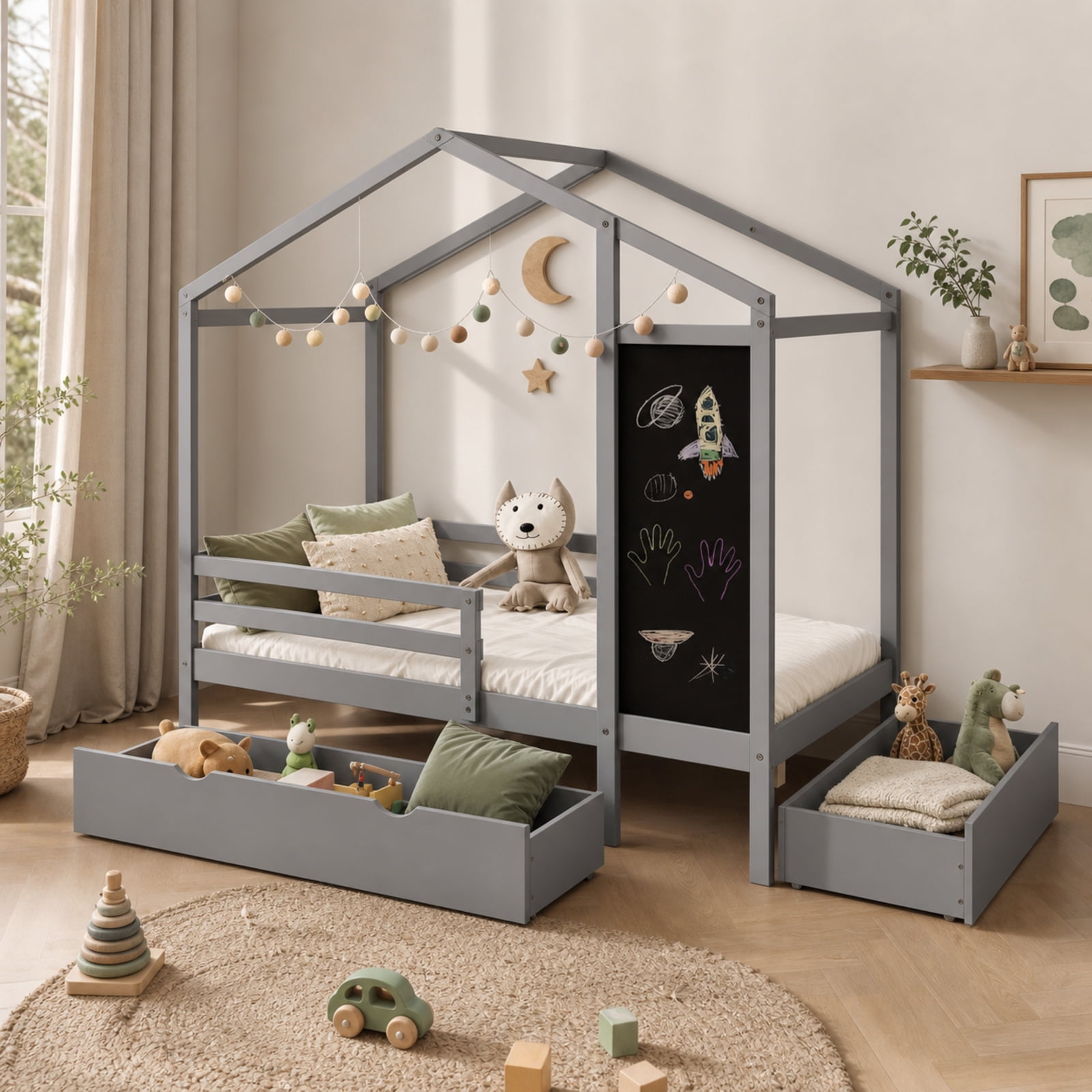 Furnibear Twin House Bed with Interactive Blackboard 2 Large Storage Drawers Rolling Casters Solid Pine Wood Frame and High Guardrails, Gray