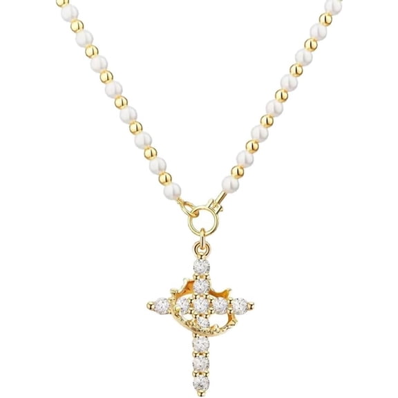 Zephyriana Celestial Cross Pearl Necklace, Dainty Cubic Zirconia Cross Pendant Necklace with Pearls for Women, Religious Faith Jewelry Gift