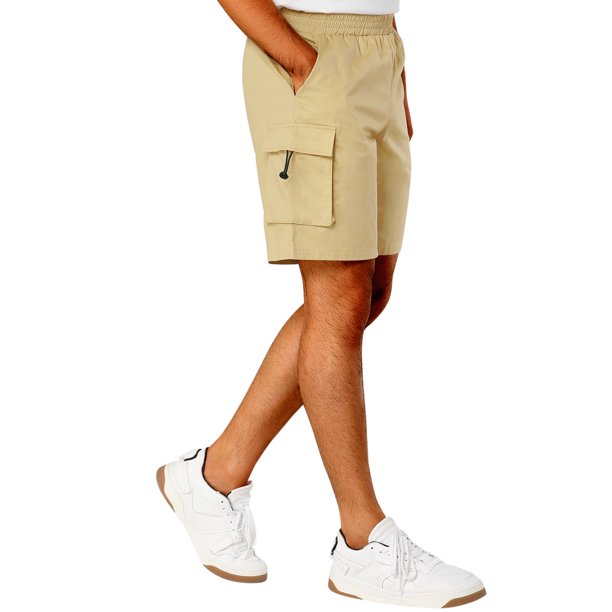 Pantalones cortos al aire libre de los hombres Pantalones cortos de carga de cintura elástica de algodón con ajuste clásico Caqui M Unique Bargains Pantalones