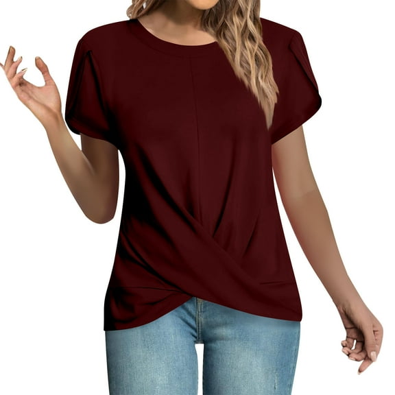 Lenpel Women's T Shirts Trendy Short Sleeve Crew Neck Twist Front Solid Color Tunic Tops Casual Tee Blouses