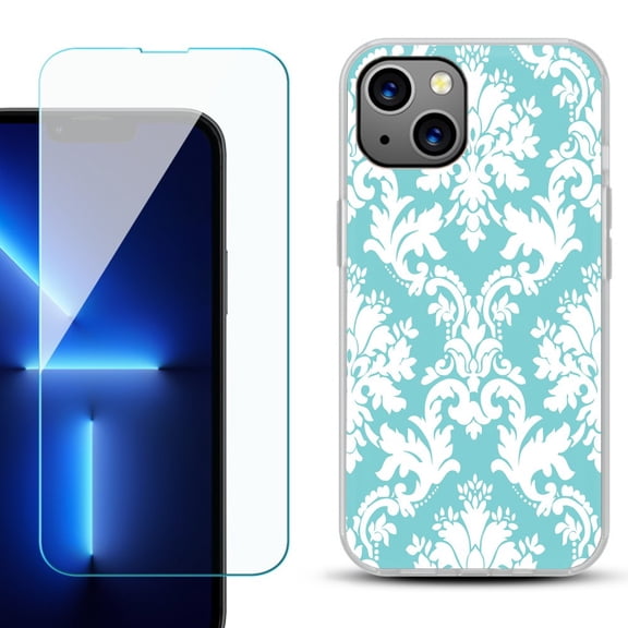 Slim-Fit TPU Phone Case for iPhone 14 Plus, with Tempered Glass Screen Protector, by OneToughShield ® - Victorian White/Teal