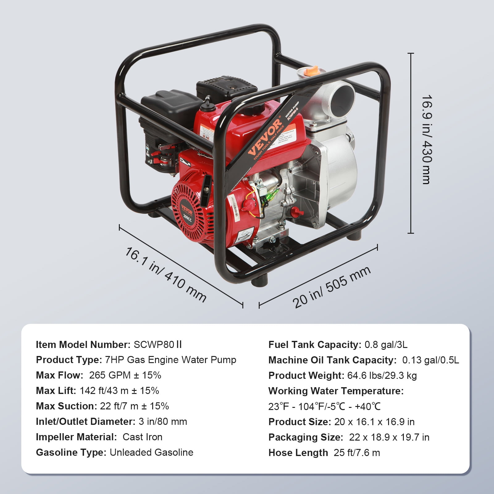 VEVOR 3" 7HP 4-Stroke Gasoline Engine Water Pump Gas Powered Water Transfer Pump
