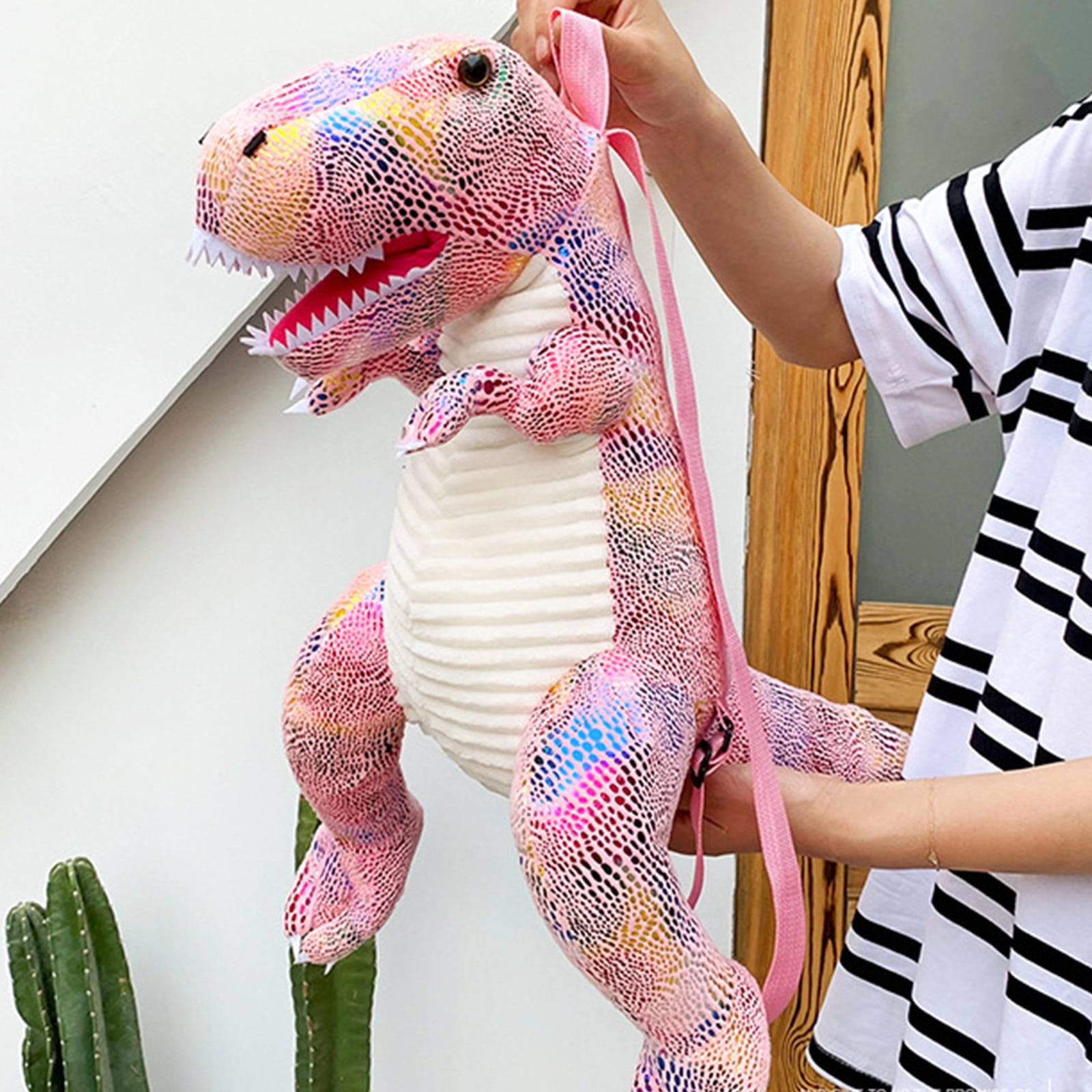 Pink Dinosaur Plush Toy Bag For Kids Weighted Stuffed Animal Backpack Soft Cotton Decoration 60Cm