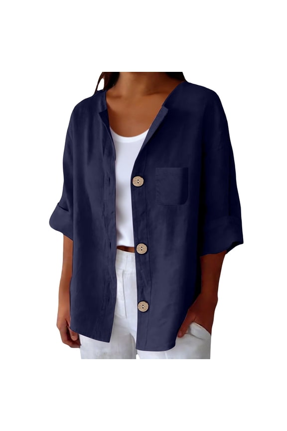 Womens Button Down Shirts Lapel Long Blouses Tops V Neck Blouses Office Drop Shoulder Blouse Button Down Plaid Shacket Shirt Boyfriend Dress Shirt Navy 2XL