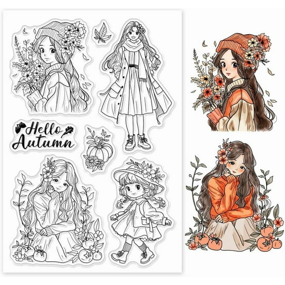 1 Sheet Autumn Woman Clear Stamps for Cards Making Fall Lady Clear Stamp Seals Transparent Stamps for DIY Scrapbooking Photo Album Journal Home Decoration
