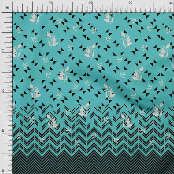 oneOone Viscose Chiffon Turquoise Blue Fabric Leaves Chevron & Triangle Panel Quilting Supplies Print Sewing Fabric By The Yard 42 Inch Wide