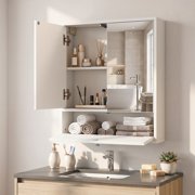 ALPULON Double Door Wall Mounted Bathroom Mirrored Cabinet with Push to Open Doors and Flip Down Compartment for Storage, White