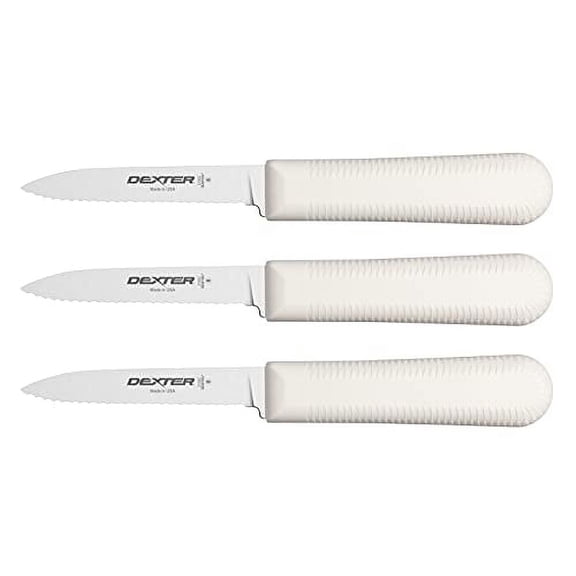 Dexter-Russell S104SC Paring Knives, 3-1/4" Scalloped Stainless Steel Blades, Textured Slip-Resistant Polypropylene Handles, Made in USA, 3-Pack