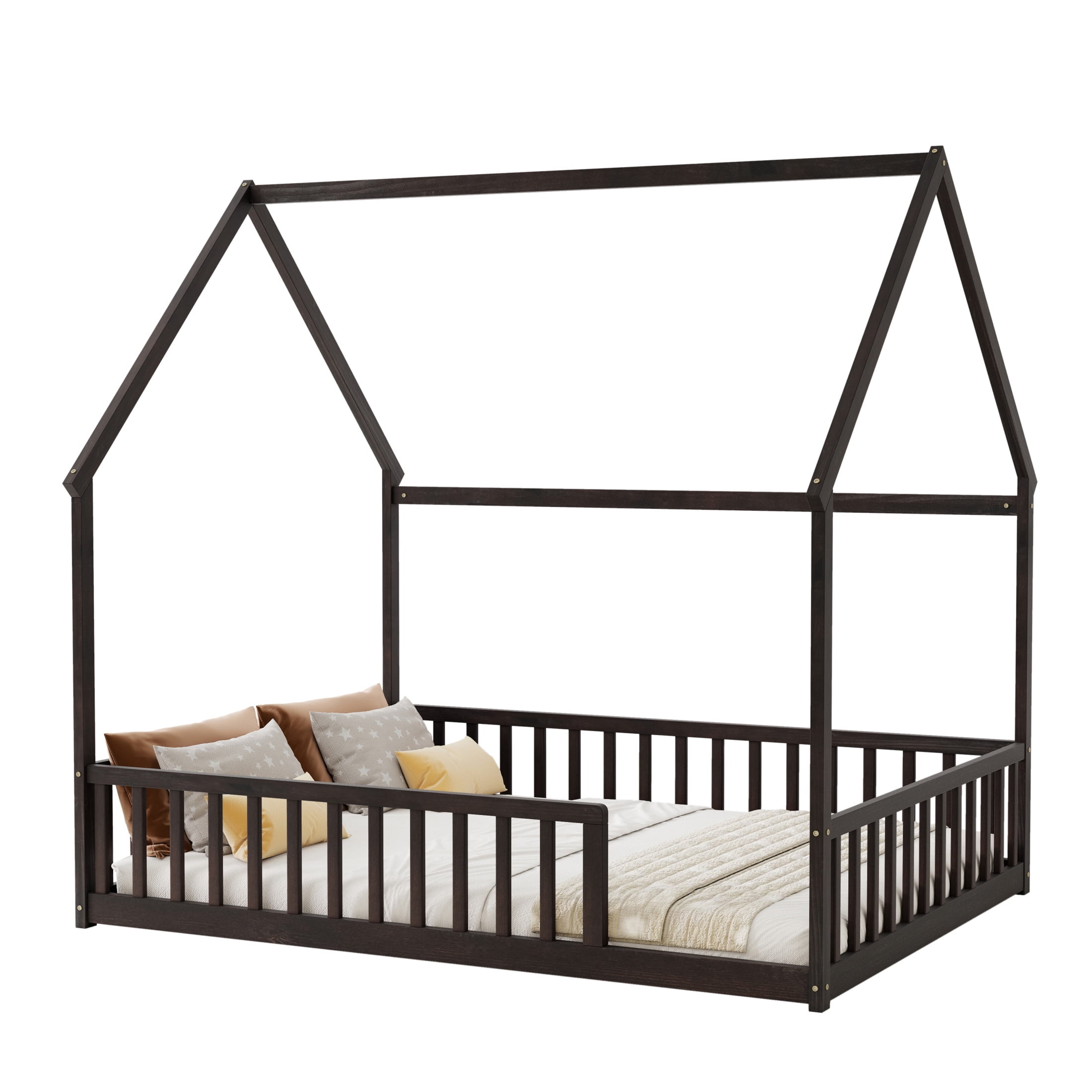 Noble House Morde Full Size House Floor Bed with Gable Roof Frame & Safety Guardrails, Pine Wooden Bed Frame, Espresso