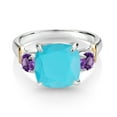 thumbnail image 2 of Gem Stone King 925 Silver and 10K Yellow Gold Green Turquoise and Purple Amethyst 3 Stone Ring for Women (3.50 Cttw, Gemstone Birthstone, Cushion 10MM, Round 4MM, Size 5), 2 of 3