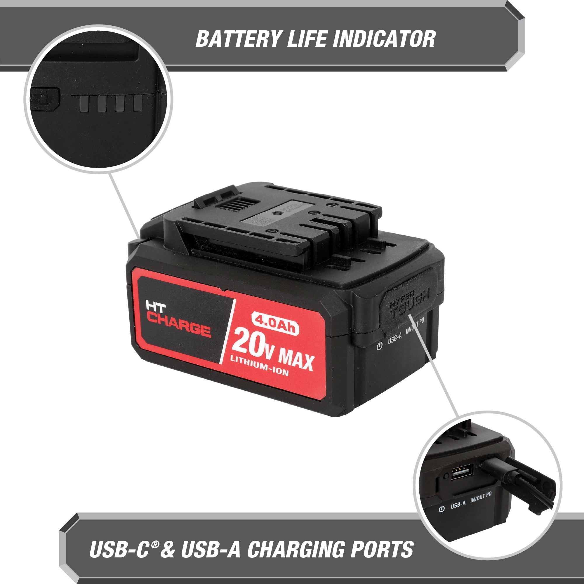 Hyper Tough 20-Volt Max Lithium-Ion 4.0Ah Battery Pack with USB-a and USB-c Ports