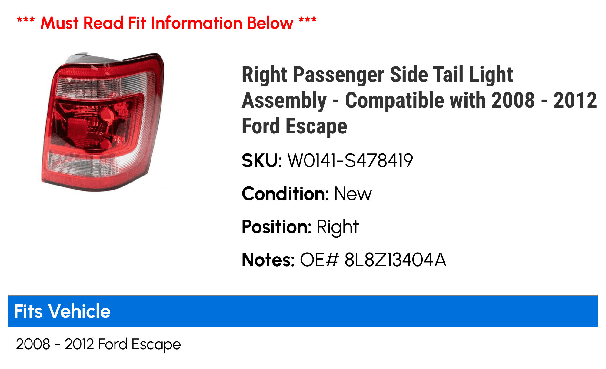 Right Passenger Side Tail Light Assembly - Compatible with 2008 - 2012 Ford Escape 2009 2010 2011