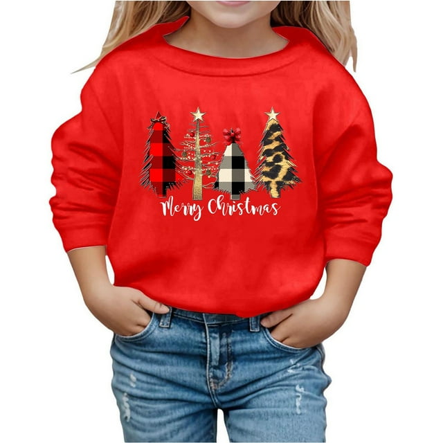 AWZXDE Chandail à Capuchon et Chandails en Molleton pour Filles Manches Longues Col Rond de Noël Léger Blouse pour Enfants avec Imprimé Lettre Rouge, 5-6 Ans