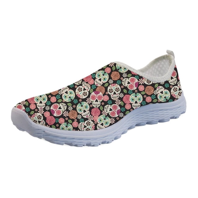 doginthehole Zapatos góticos Zapatillas de deporte para mujer Estampado de calavera de azúcar Zapatos planos de malla de aire para mujer Mocasines de playa ligeros y transpirables de verano