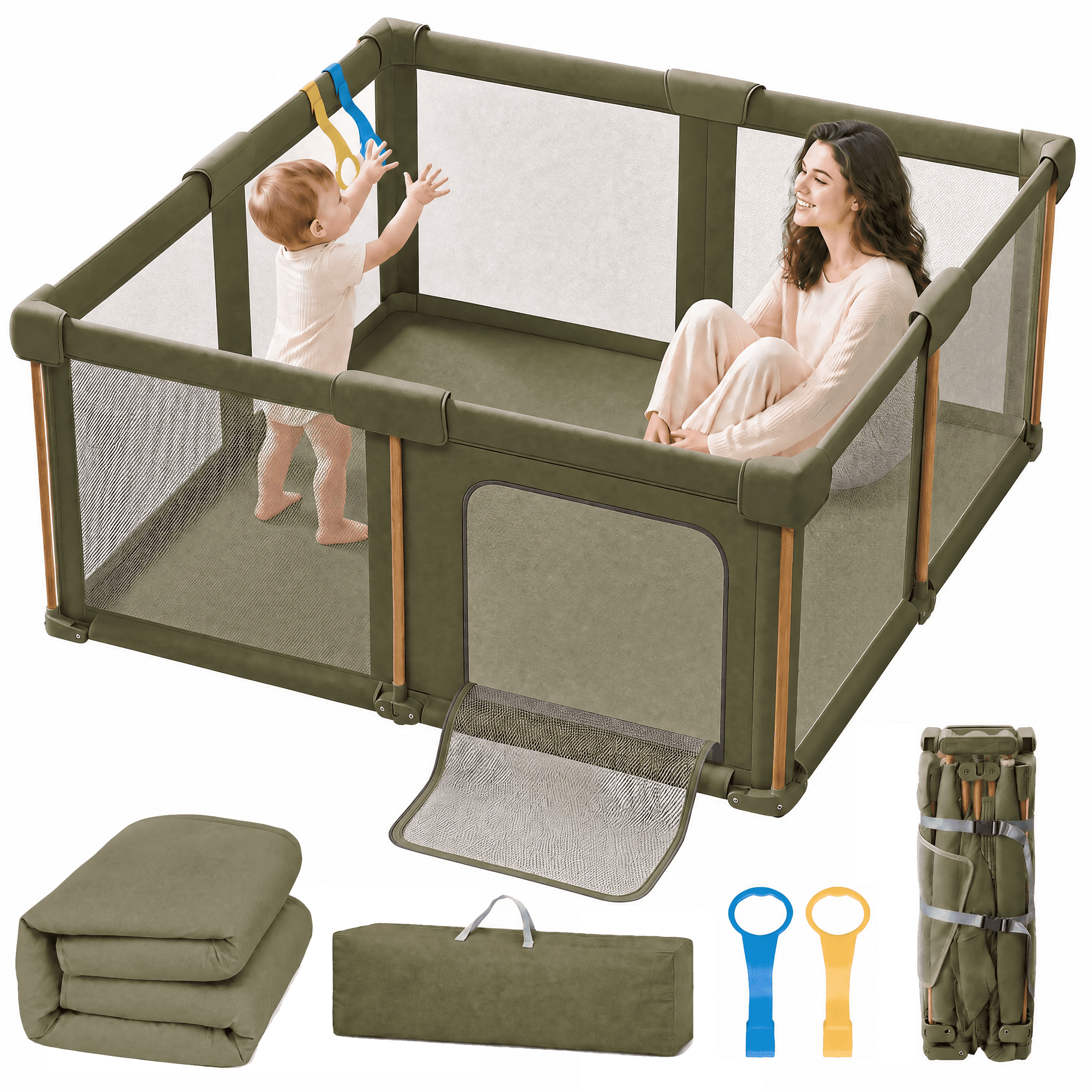 PRVAETU 59''×71'' Foldable Baby Playpen with 0.35'' Mat,Collapsible Play Pen for Babies and Toddlers,Green