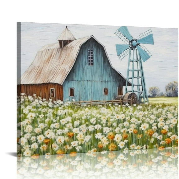 COMIO Teal Barn Canvas Wall Art: Rustic Barn Bathroom Decor Old Barn Pictures Wall Art Framed for Farmhouse Bedroom Ready to Hang