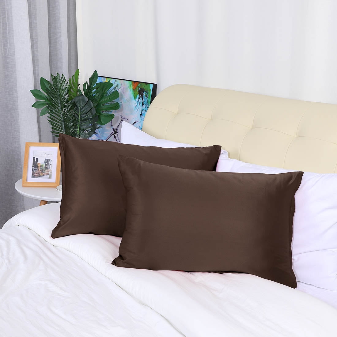 Unique Bargains Pillow Covers Silky Satin Zipper Pillowcases Set of 2 Brown 21" x 27"
