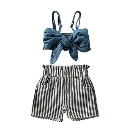 

ZIYIXIN 2pcs Summer Causal Kids Girls Clothes Strap Sleeveless Bowknot Blue Denim Vest+High Waist Striped Shorts Sets Blue 3-4 Years