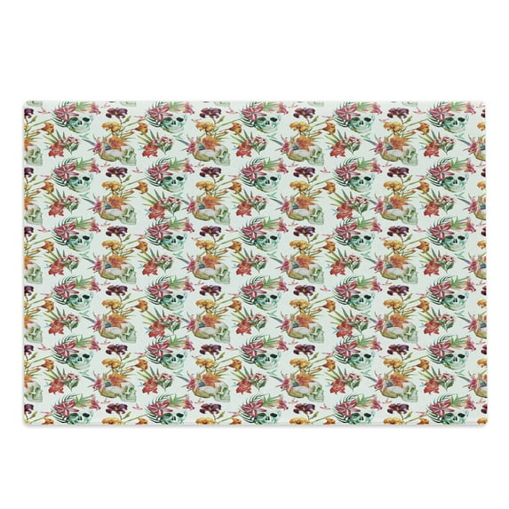 Skull Cutting Board, Lilies Tropical Flower Blooms Leaves on Skull with Watercolor Painting Effect, Decorative Tempered Glass Cutting and Serving Board, Large Size, Pink Orange Green, by Ambesonne