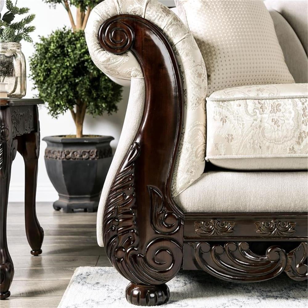 Furniture of America Faux Leather Eston Traditional Chenille Upholstered Sofa, Ivory