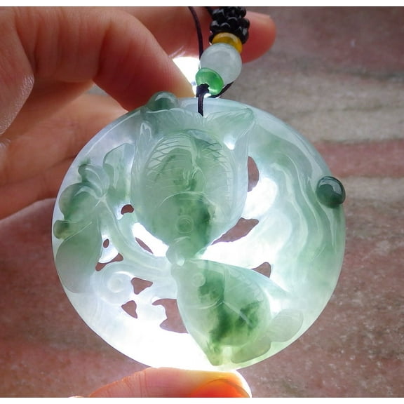 Certified Green Burma 100% Natural A Jade jadeite Pendant Fish Lotus Flower Ruyi Necklace 662560 TN
