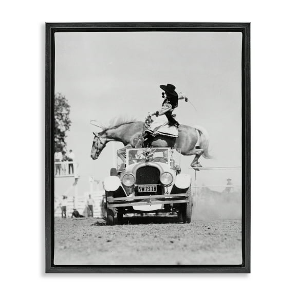 Stupell Industries Rodeo Girl Jumping Horse Animals Photography Black Floater Framed Canvas Art Print Wall Art, 17 x 21
