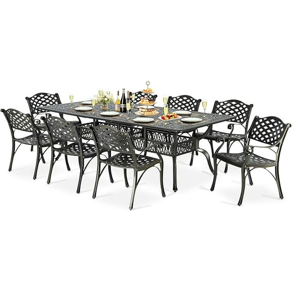 SOCIALCOMFY 9-Piece Patio Cast Aluminum Dining Set, Outdoor Table and Chairs Set for 8, Includes 94.5" Rectangular Dining Table and 8 Chairs with Umbrella Hole, Patio Furniture Set for Deck Garden
