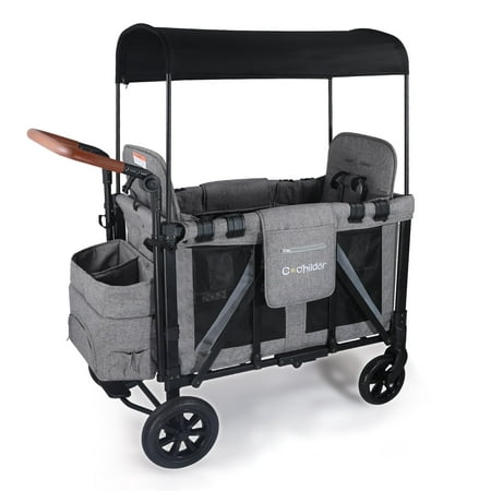 Cochildor Wagon Stroller for 2 Kids, Foldable Stroller Wagon with 2 High Seats, 5 Point Harness, Removable Canopy, Adjustable Handle Bar, Light Grey