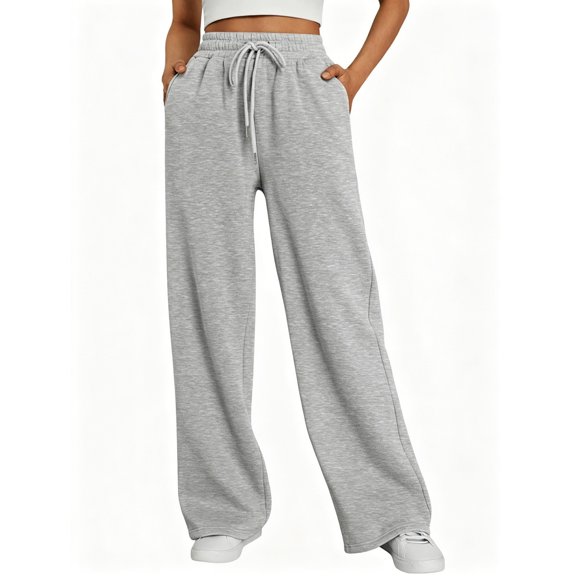 Dweltoz Wide Leg Sweatpants for Women High Waisted Baggy Lounge Pants Soft Trousers with Pockets Elastic Waistband Drawstring Fall Winter Casual Daily Wear,Light Gray M
