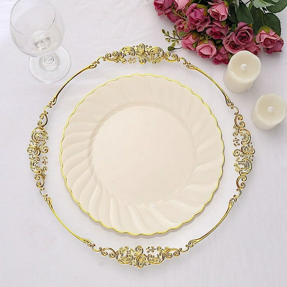 Balsa Circle 10 Ivory 10" Round Disposable Plastic Salad Dinner Plates Gold Swirl Design Trim Party Decorations