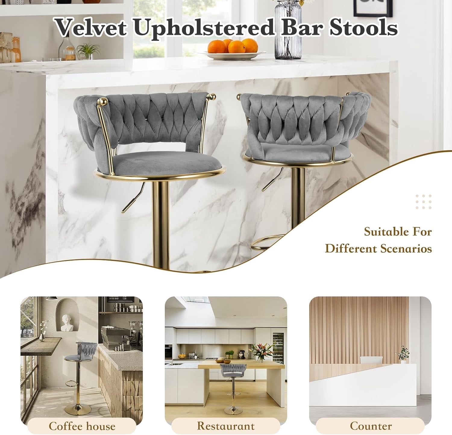 Homefun Swivel Velvet Bar Stools Set of 2, Height Adjustable Counter Height Stools with Low Back, Gold Swivel Bar Chairs for Kitchen Island