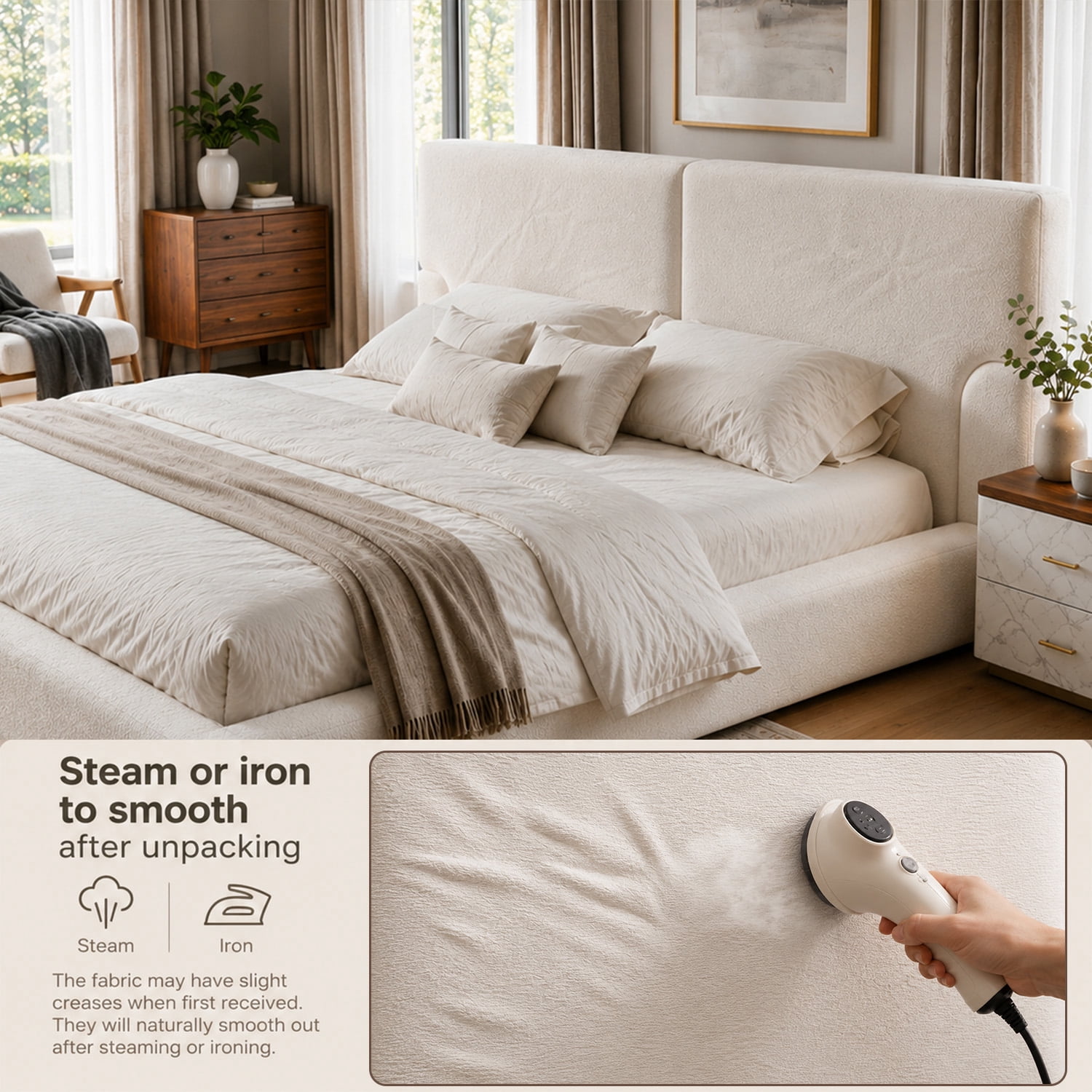 Miniyam King Upholstered Platform Bed Frame with 4.92" Padded Headboard, Jacquard Fabric Low Profile Bed, Cream White